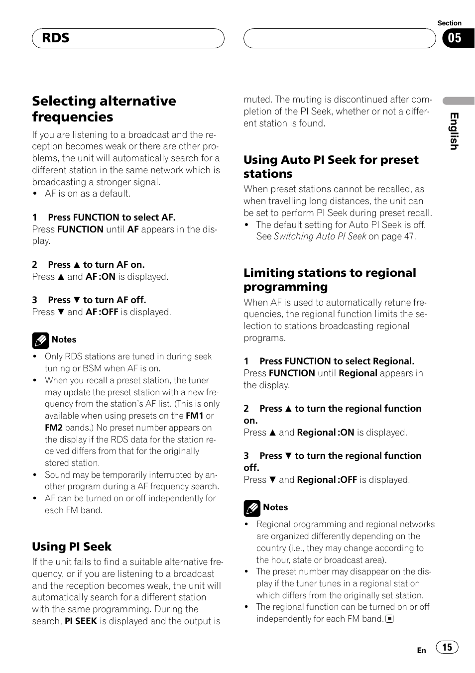 Selecting alternative frequencies 15, Using pi seek 15, Using auto pi seek for preset | Stations 15, Limiting stations to regional, Programming 15, Selectingalternative frequencies, Usingpi seek, Usingauto pi seek for preset stations, Limitingstations to regional programming | Pioneer DEH-P7600MP User Manual | Page 15 / 132