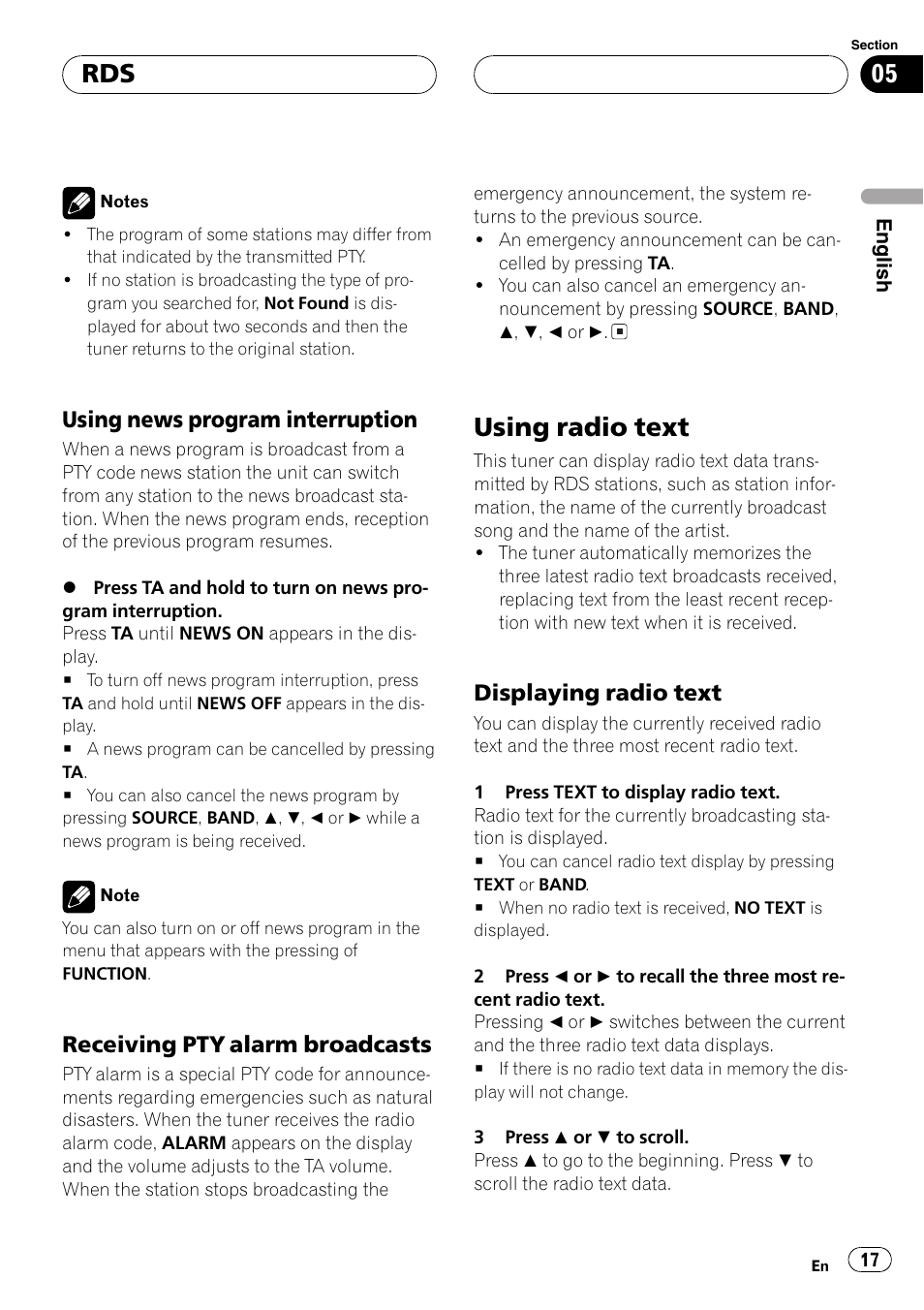 Using news program interruption 17, Receiving pty alarm broadcasts 17, Using radio text 17 | Displaying radio text 17, Usingradio text, Usingnews program interruption, Receivingpty alarm broadcasts, Displayingradio text | Pioneer DEH-P7600MP User Manual | Page 17 / 132