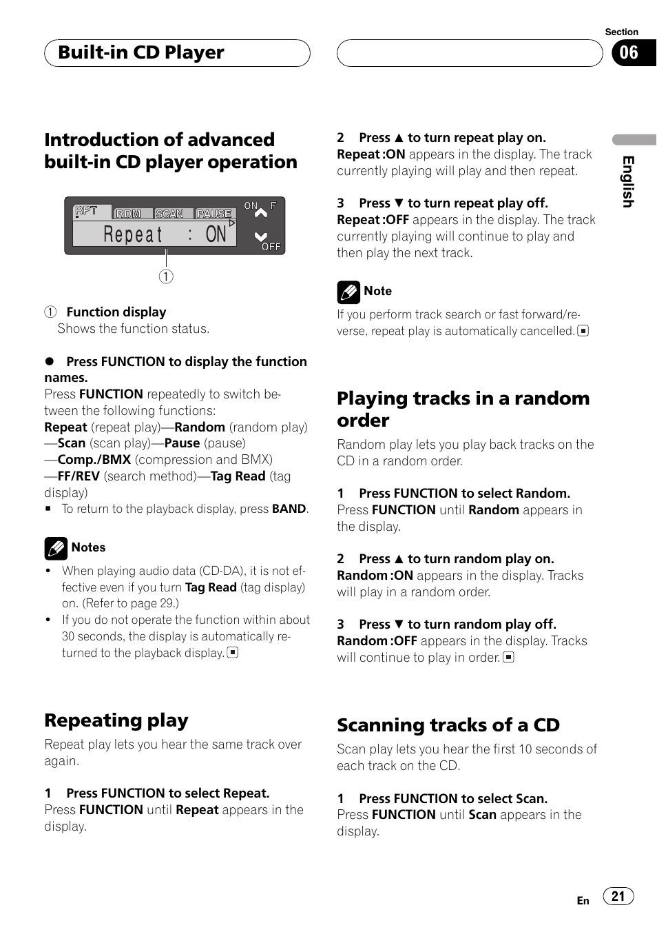 Introduction of advanced built-in cd player, Operation 21, Repeatingplay | Playingtracks in a random order, Scanningtracks of a cd, Built-in cd player | Pioneer DEH-P7600MP User Manual | Page 21 / 132