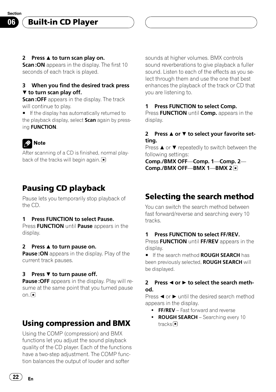 Pausingcd playback, Usingcompression and bmx, Selectingthe search method | Built-in cd player | Pioneer DEH-P7600MP User Manual | Page 22 / 132