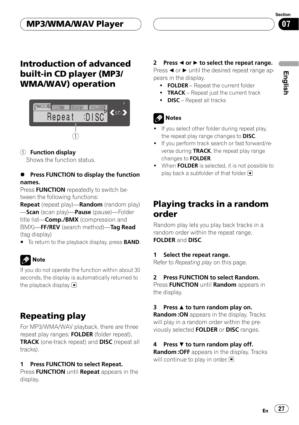 Introduction of advanced built-in cd player, Mp3/wma/wav) operation 27, Repeatingplay | Playingtracks in a random order, Mp3/wma/wav player | Pioneer DEH-P7600MP User Manual | Page 27 / 132