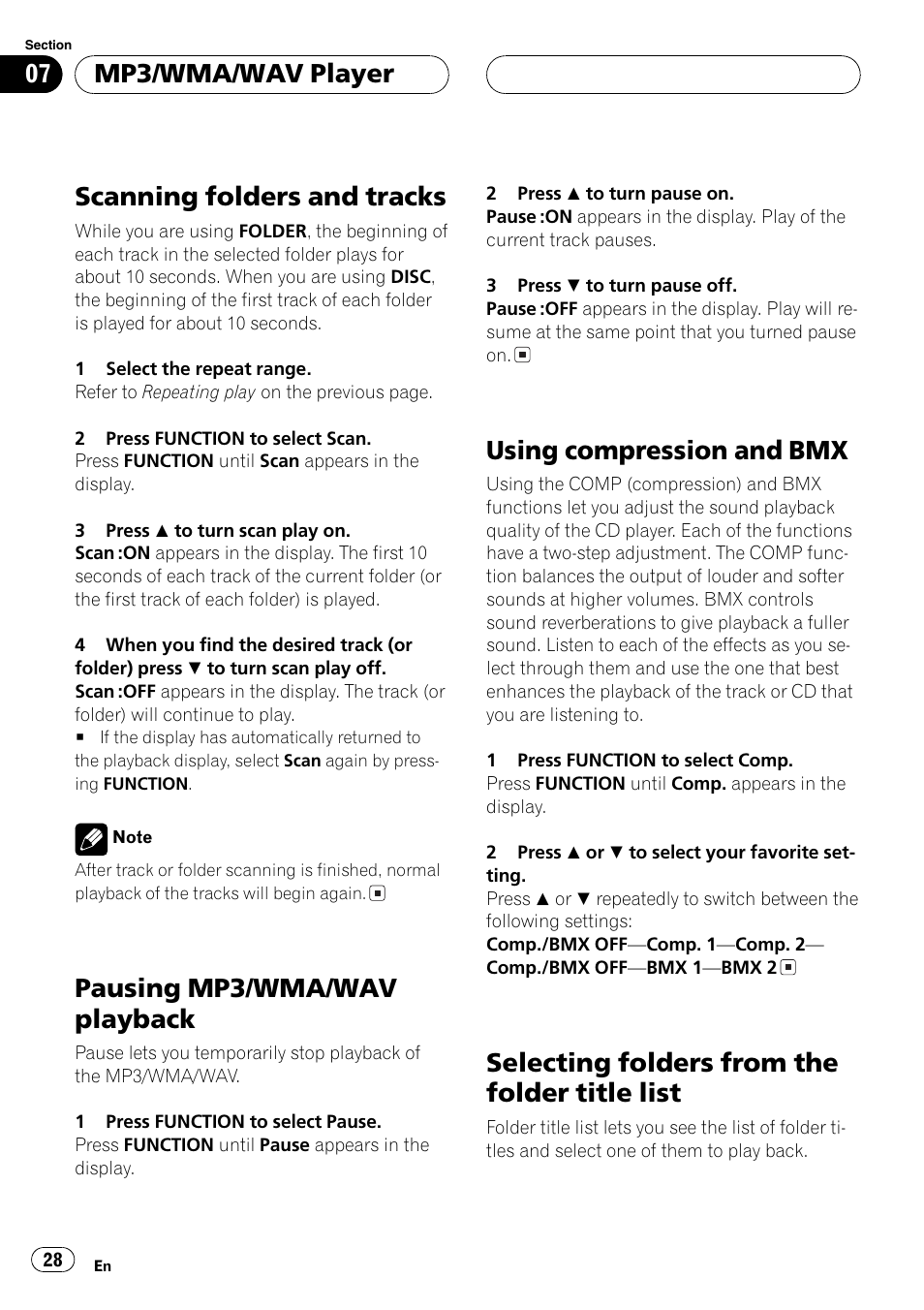 Scanningfolders and tracks, Pausingmp3/wma/wav playback, Usingcompression and bmx | Selectingfolders from the folder title list, Mp3/wma/wav player | Pioneer DEH-P7600MP User Manual | Page 28 / 132