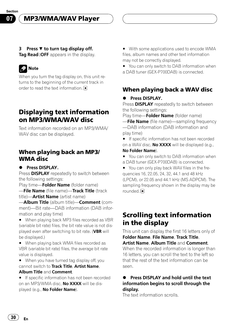 Displaying text information on mp3/wma, Wav disc 30, When playing back an mp3/wma | Disc 30, When playing back a wav disc 30, Scrolling text information in the display 30, Displayingtext information on mp3/wma/wav disc, Scrollingtext information in the display, Mp3/wma/wav player | Pioneer DEH-P7600MP User Manual | Page 30 / 132