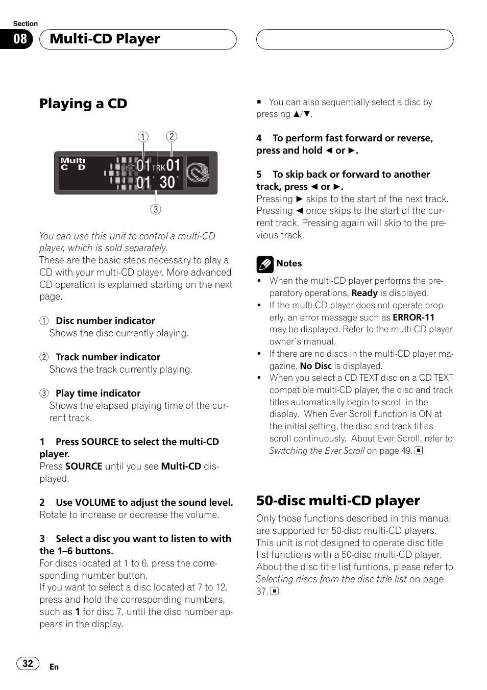 Playinga cd, Disc multi-cd player, Multi-cd player | Pioneer DEH-P7600MP User Manual | Page 32 / 132