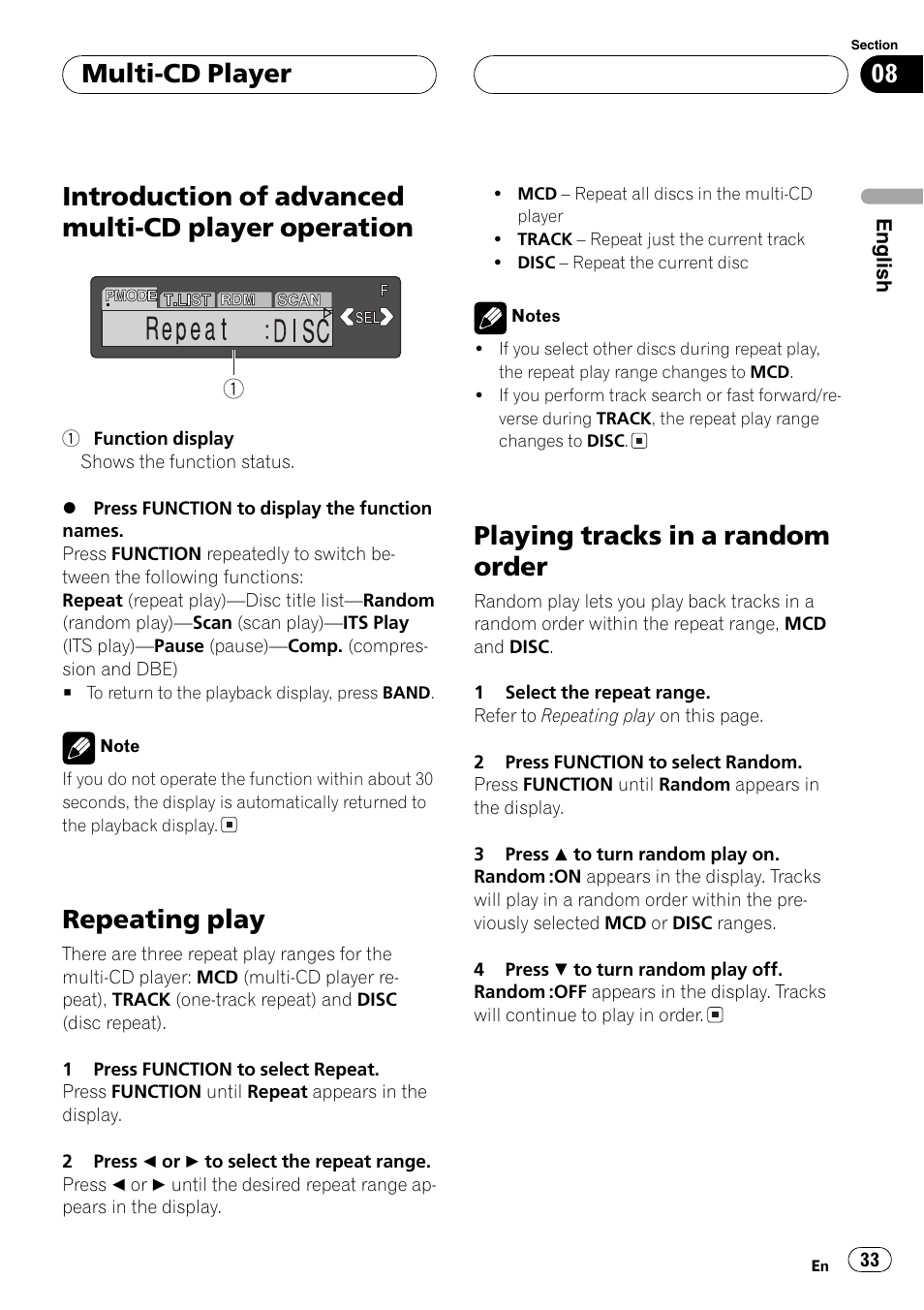Introduction of advanced multi-cd player, Operation 33, The next | Introduction of advanced multi-cd player operation, Repeatingplay, Playingtracks in a random order, Multi-cd player | Pioneer DEH-P7600MP User Manual | Page 33 / 132