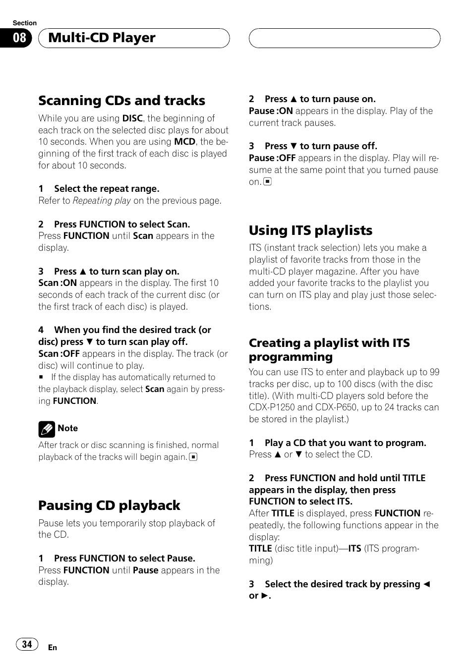 Creating a playlist with its, Programming 34, Scanningcds and tracks | Pausingcd playback, Usingits playlists, Multi-cd player, Creatinga playlist with its programming | Pioneer DEH-P7600MP User Manual | Page 34 / 132