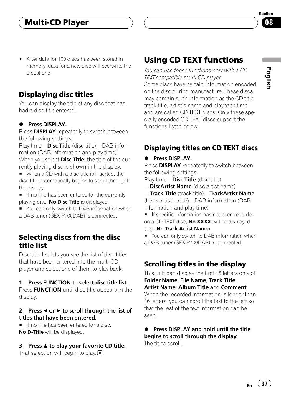 Displaying disc titles 37, Selecting discs from the disc title, List 37 | Using cd text functions 37, Displaying titles on cd text, Discs 37, Scrolling titles in the display 37, Usingcd text functions, Multi-cd player, Displayingdisc titles | Pioneer DEH-P7600MP User Manual | Page 37 / 132