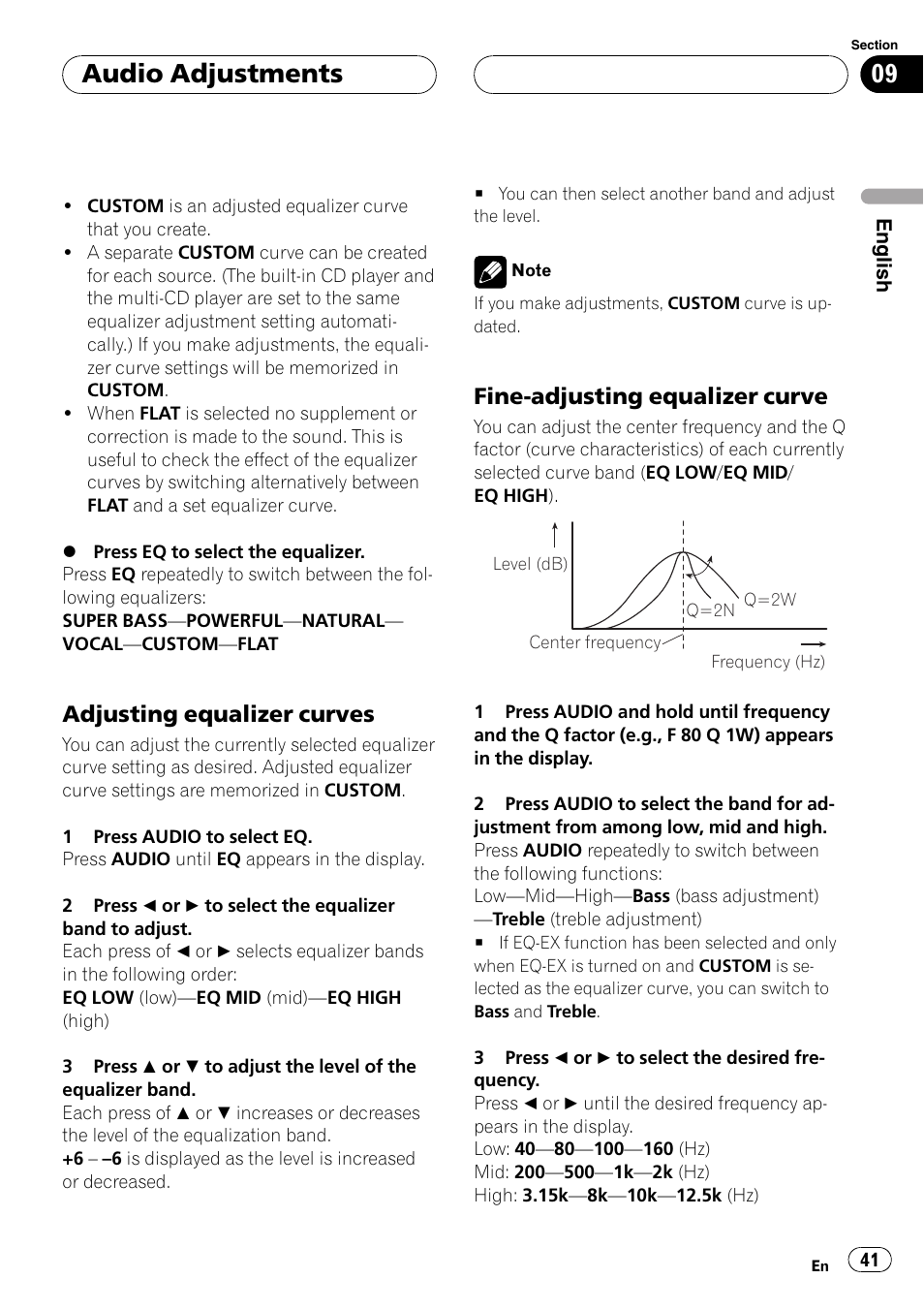 Adjusting equalizer curves 41, Fine-adjusting equalizer curve 41, Audio adjustments | Adjustingequalizer curves, Fine-adjustingequalizer curve | Pioneer DEH-P7600MP User Manual | Page 41 / 132