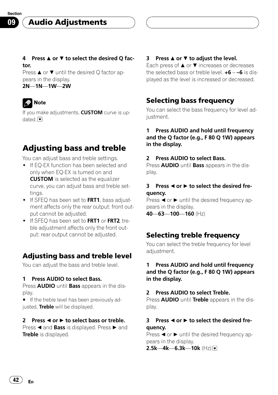 Adjusting bass and treble 42, Adjusting bass and treble level 42, Selecting bass frequency 42 | Selecting treble frequency 42, Adjustingbass and treble, Audio adjustments, Adjustingbass and treble level, Selectingbass frequency, Selectingtreble frequency | Pioneer DEH-P7600MP User Manual | Page 42 / 132