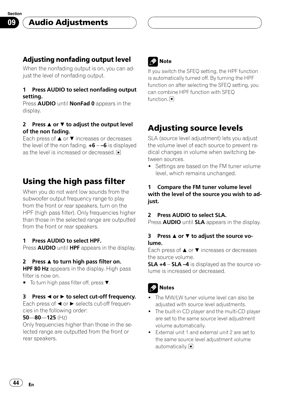 Adjusting nonfading output level 44, Usingthe high pass filter, Adjustingsource levels | Audio adjustments, Adjustingnonfadingoutput level | Pioneer DEH-P7600MP User Manual | Page 44 / 132