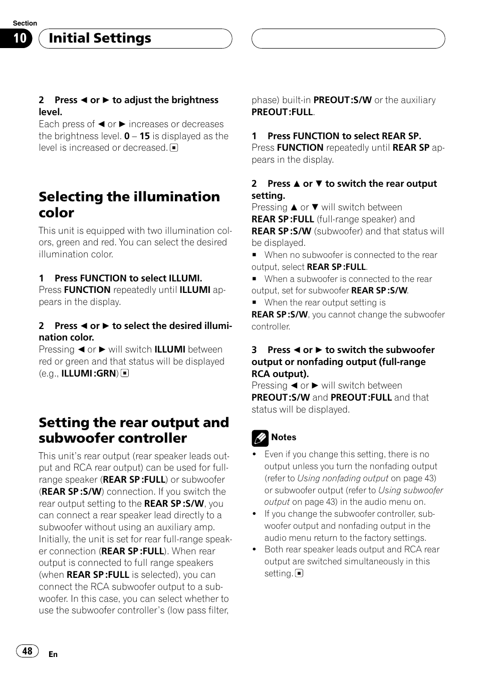 Controller 48, Selectingthe illumination color, Settingthe rear output and subwoofer controller | Initial settings | Pioneer DEH-P7600MP User Manual | Page 48 / 132