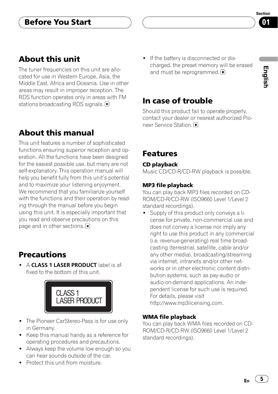 About this unit, About this manual, Precautions | Features, Before you start, Class 1 laser product | Pioneer DEH-P7600MP User Manual | Page 5 / 132