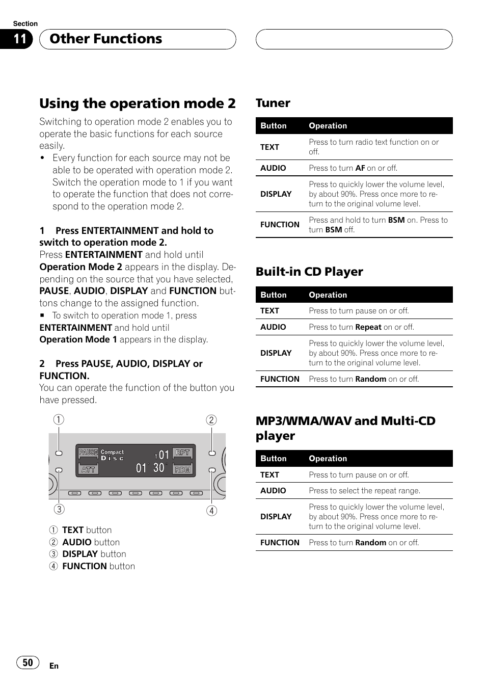 Other functions using the operation mode 2 50, Tuner 50, Built-in cd player 50 | Mp3/wma/wav and multi-cd, Player 50, Usingthe operation mode 2, Other functions, Tuner, Built-in cd player, Mp3/wma/wav and multi-cd player | Pioneer DEH-P7600MP User Manual | Page 50 / 132