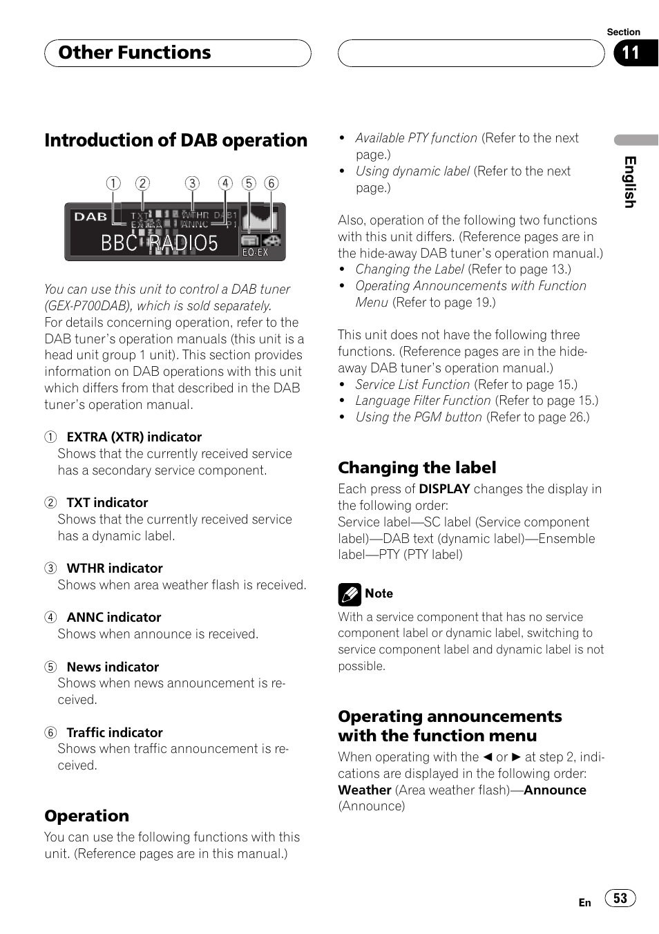 Introduction of dab operation 53, Operation 53, Changing the label 53 | Operating announcements with the, Function menu 53, Introduction of dab operation, Other functions | Pioneer DEH-P7600MP User Manual | Page 53 / 132