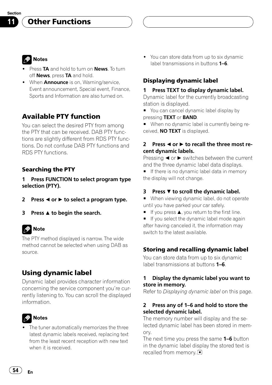 Available pty function 54, Using dynamic label 54, Available pty function | The next, Using dynamic label, Other functions, Usingdynamic label | Pioneer DEH-P7600MP User Manual | Page 54 / 132