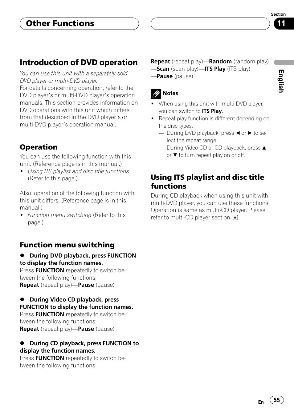 Introduction of dvd operation 55, Operation 55, Function menu switching 55 | Using its playlist and disc title, Functions 55, Introduction of dvd operation, Other functions, Operation, Function menu switching, Usingits playlist and disc title functions | Pioneer DEH-P7600MP User Manual | Page 55 / 132