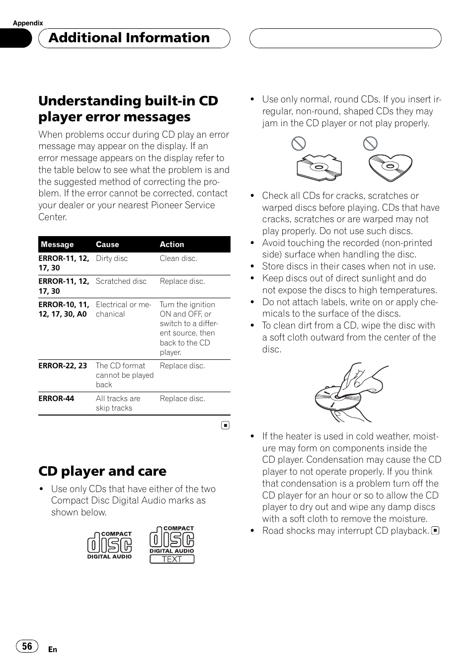 Messages 56, Cd player and care 56, Understandingbuilt-in cd player error messages | Cd player and care, Additional information | Pioneer DEH-P7600MP User Manual | Page 56 / 132