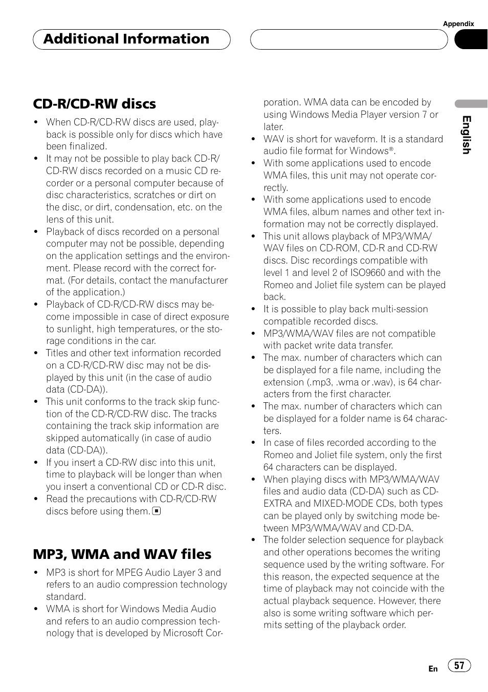 Cd-r/cd-rw discs 57, Mp3, wma and wav files 57, Cd-r/cd-rw discs | Mp3, wma and wav files, Additional information | Pioneer DEH-P7600MP User Manual | Page 57 / 132