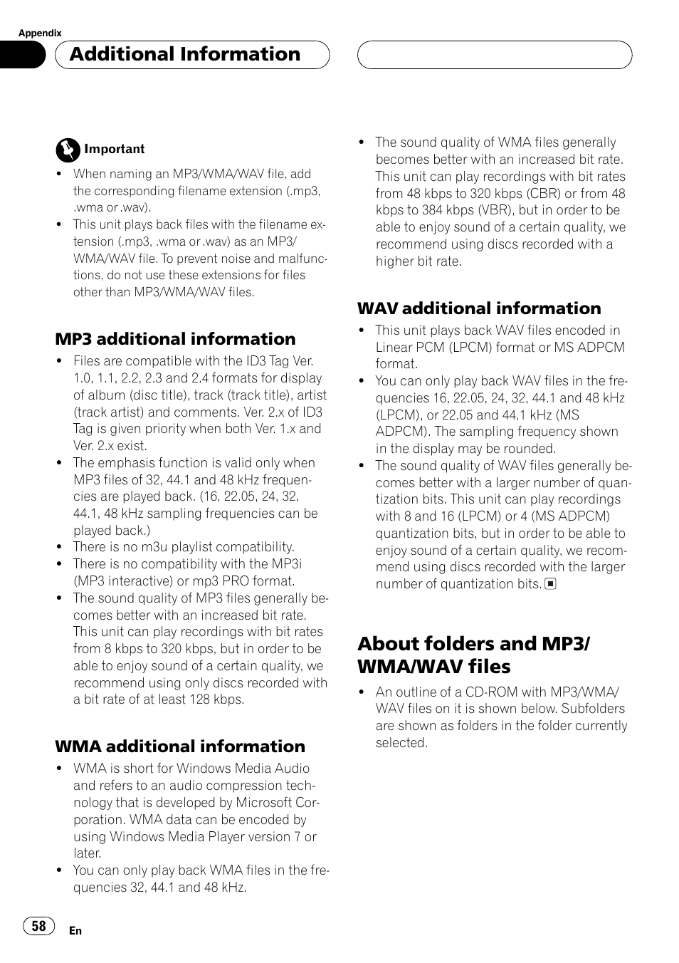 Mp3 additional information 58, Wma additional information 58, Wav additional information 58 | About folders and mp3/wma/wav files 58, About folders and mp3/ wma/wav files, Additional information, Mp3 additional information, Wma additional information, Wav additional information | Pioneer DEH-P7600MP User Manual | Page 58 / 132