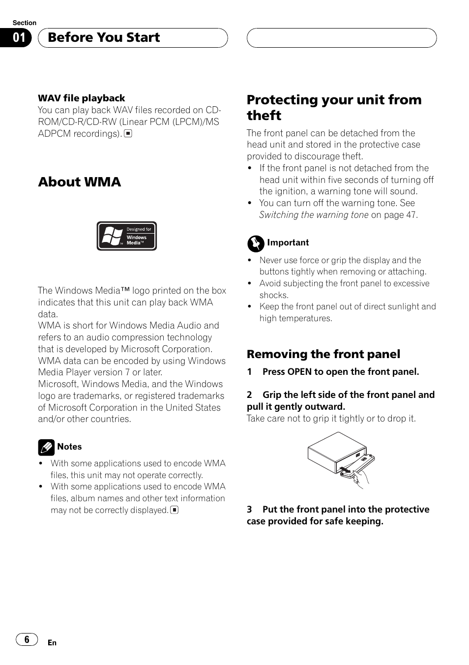 About wma 6 protecting your unit from theft 6, Removing the front panel 6, About wma | Protectingyour unit from theft, Before you start, Removingthe front panel | Pioneer DEH-P7600MP User Manual | Page 6 / 132