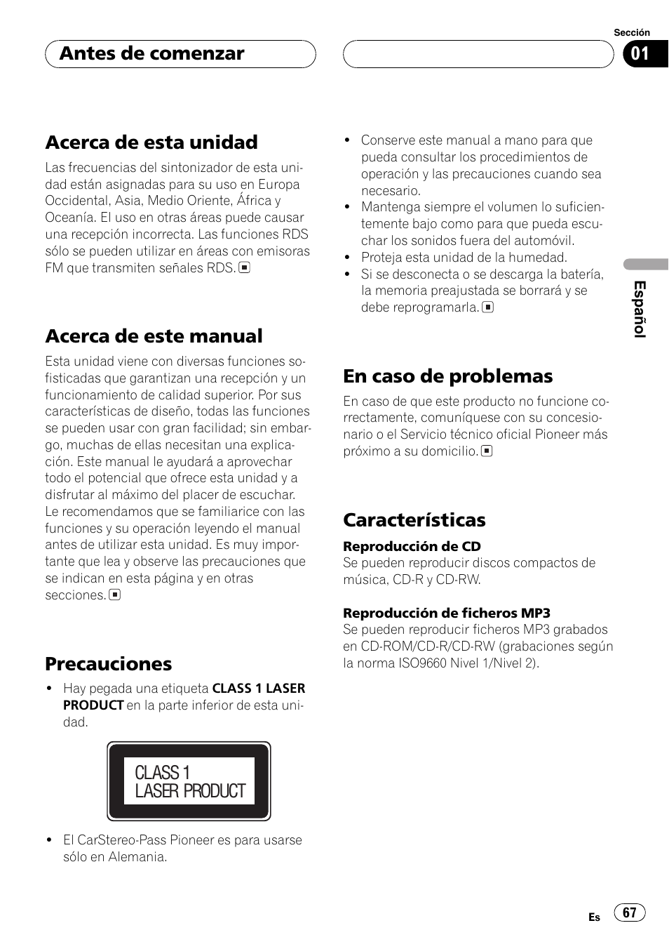 Antes de comenzar acerca de esta unidad 67, Acerca de este manual 67, Precauciones 67 | En caso de problemas 67, Características 67, Acerca de esta unidad, Acerca de este manual, Precauciones, En caso de problemas, Características | Pioneer DEH-P7600MP User Manual | Page 67 / 132