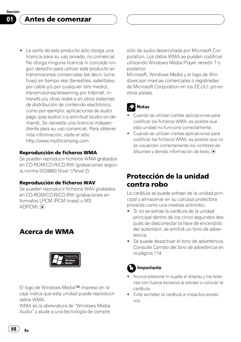 Acerca de wma 68, Protección de la unidad contra robo 68, Acerca de wma | Protección de la unidad contra robo, Antes de comenzar | Pioneer DEH-P7600MP User Manual | Page 68 / 132