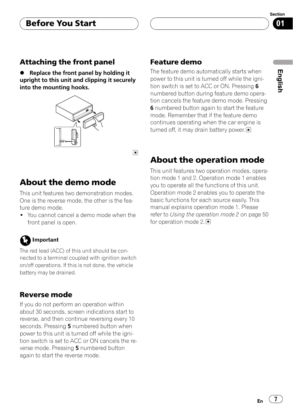 Attaching the front panel 7, About the demo mode 7, Reverse mode 7 | Feature demo 7, About the operation mode 7, About the demo mode, About the operation mode, Before you start | Pioneer DEH-P7600MP User Manual | Page 7 / 132