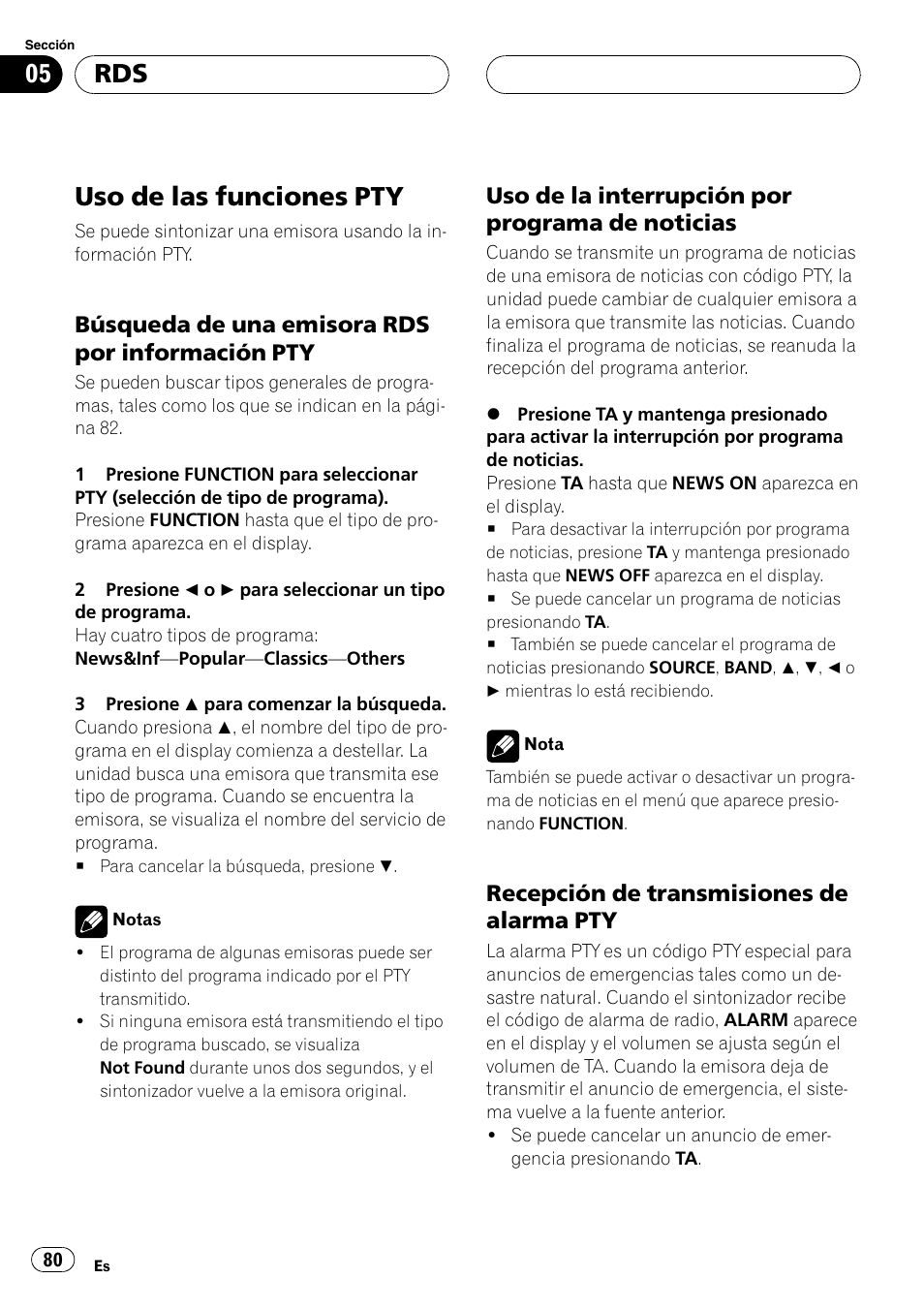 Uso de las funciones pty 80, Búsqueda de una emisora rds por, Información pty 80 | Uso de la interrupción por programa, De noticias 80, Recepción de transmisiones de, Alarma pty 80, Uso de las funciones pty, Búsqueda de una emisora rds por información pty, Uso de la interrupción por programa de noticias | Pioneer DEH-P7600MP User Manual | Page 80 / 132