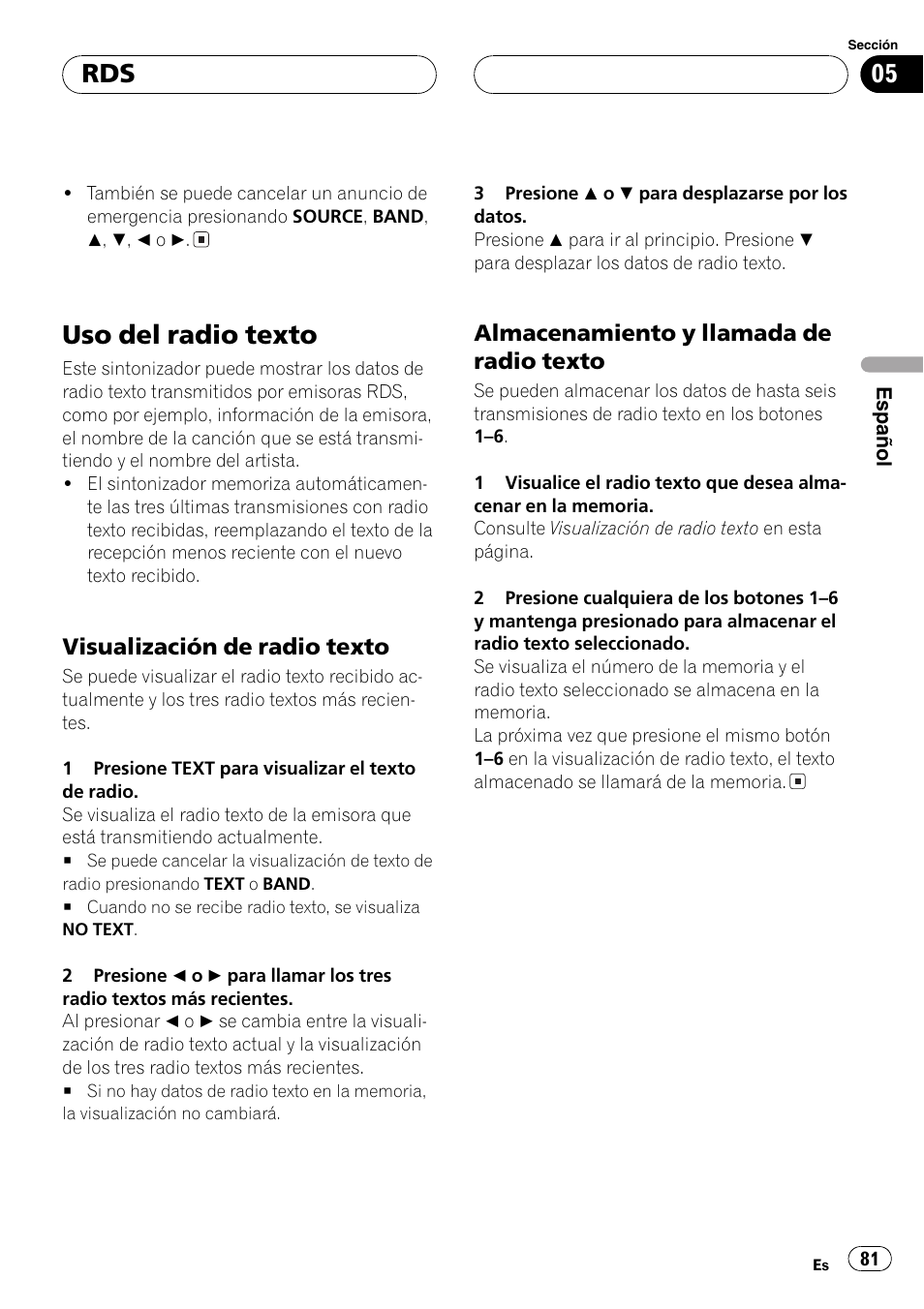 Uso del radio texto 81, Visualización de radio texto 81, Almacenamiento y llamada de radio | Texto 81, Uso del radio texto, Visualización de radio texto, Almacenamiento y llamada de radio texto | Pioneer DEH-P7600MP User Manual | Page 81 / 132