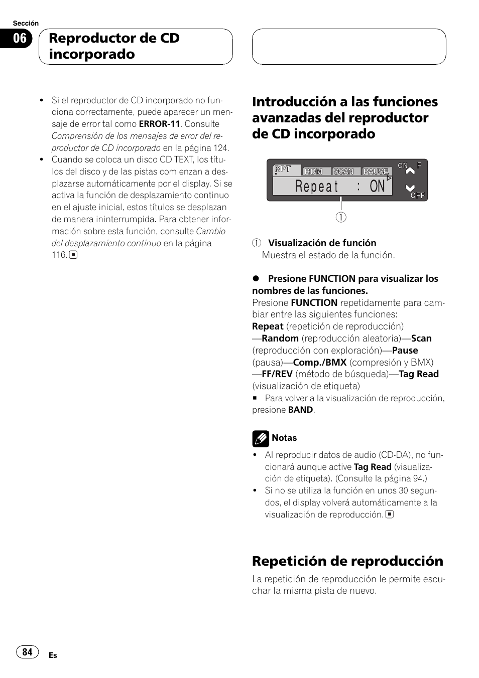 Introducción a las funciones avanzadas del, Reproductor de cd incorporado 84, Repetición de reproducción 84 | Repetición de reproducción, Reproductor de cd incorporado | Pioneer DEH-P7600MP User Manual | Page 84 / 132