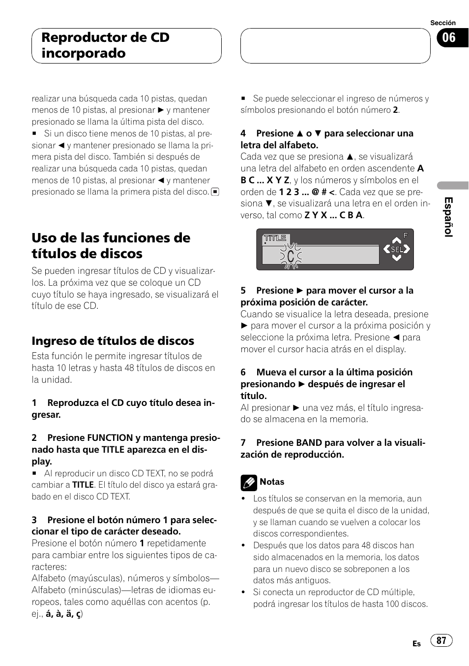 Uso de las funciones de títulos de discos 87, Ingreso de títulos de discos 87, Uso de las funciones de títulos de discos | Reproductor de cd incorporado, Ingreso de títulos de discos | Pioneer DEH-P7600MP User Manual | Page 87 / 132
