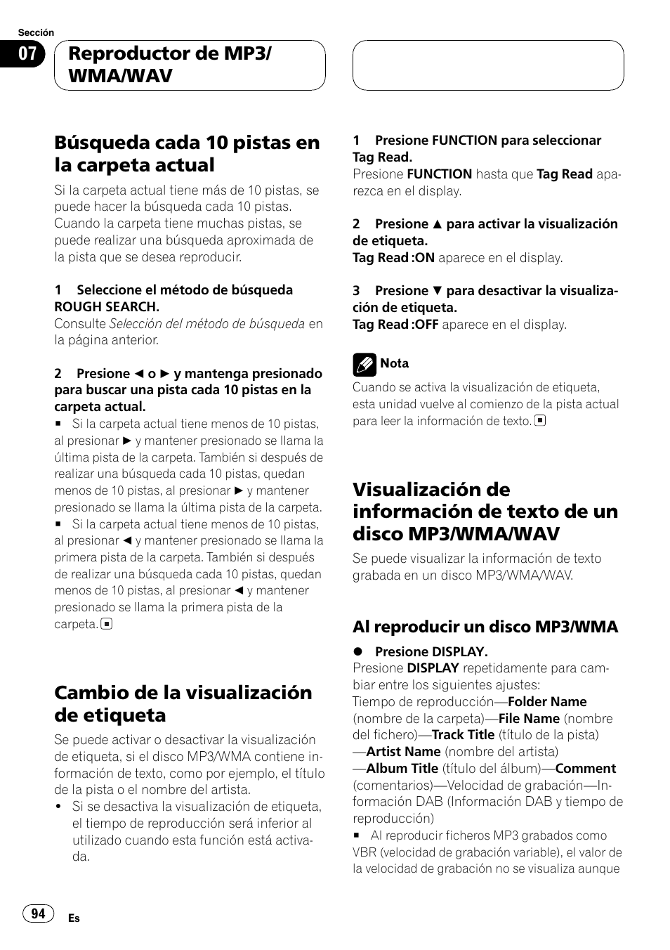 Búsqueda cada 10 pistas en la carpeta, Actual 94, Cambio de la visualización de etiqueta 94 | Visualización de información de texto de un, Disco mp3/wma/wav 94, Al reproducir un disco mp3/wma 94, Búsqueda cada 10 pistas en la carpeta actual, Cambio de la visualización de etiqueta, Reproductor de mp3/ wma/wav | Pioneer DEH-P7600MP User Manual | Page 94 / 132