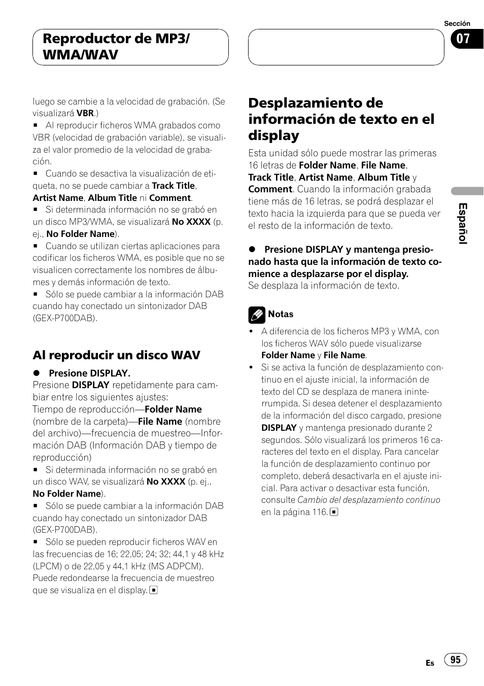 Al reproducir un disco wav 95, Desplazamiento de información de texto en, El display 95 | Reproductor de mp3/ wma/wav | Pioneer DEH-P7600MP User Manual | Page 95 / 132