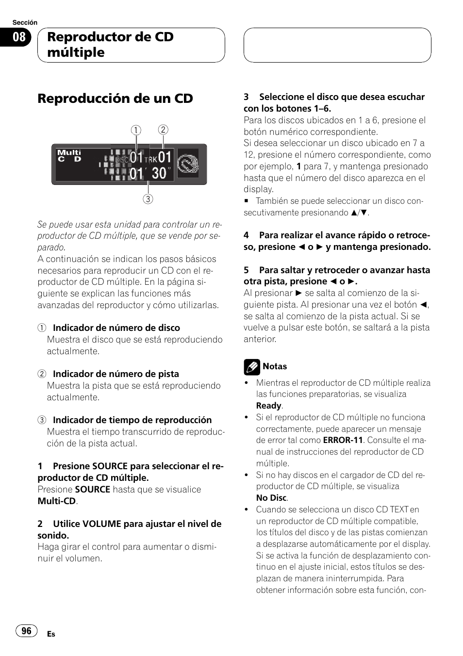 Reproductor de cdmúltiple, Reproducción de un cd 96, Reproducción de un cd | Reproductor de cd múltiple | Pioneer DEH-P7600MP User Manual | Page 96 / 132