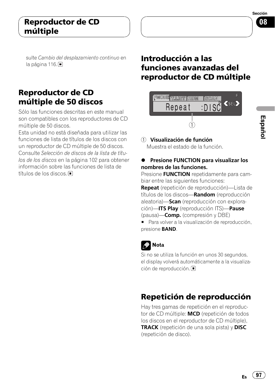 Reproductor de cd múltiple de 50, Discos 97, Introducción a las funciones avanzadas del | Reproductor de cd múltiple 97, Repetición de reproducción 97, Reproductor de cd múltiple de 50 discos, Repetición de reproducción, Reproductor de cd múltiple | Pioneer DEH-P7600MP User Manual | Page 97 / 132