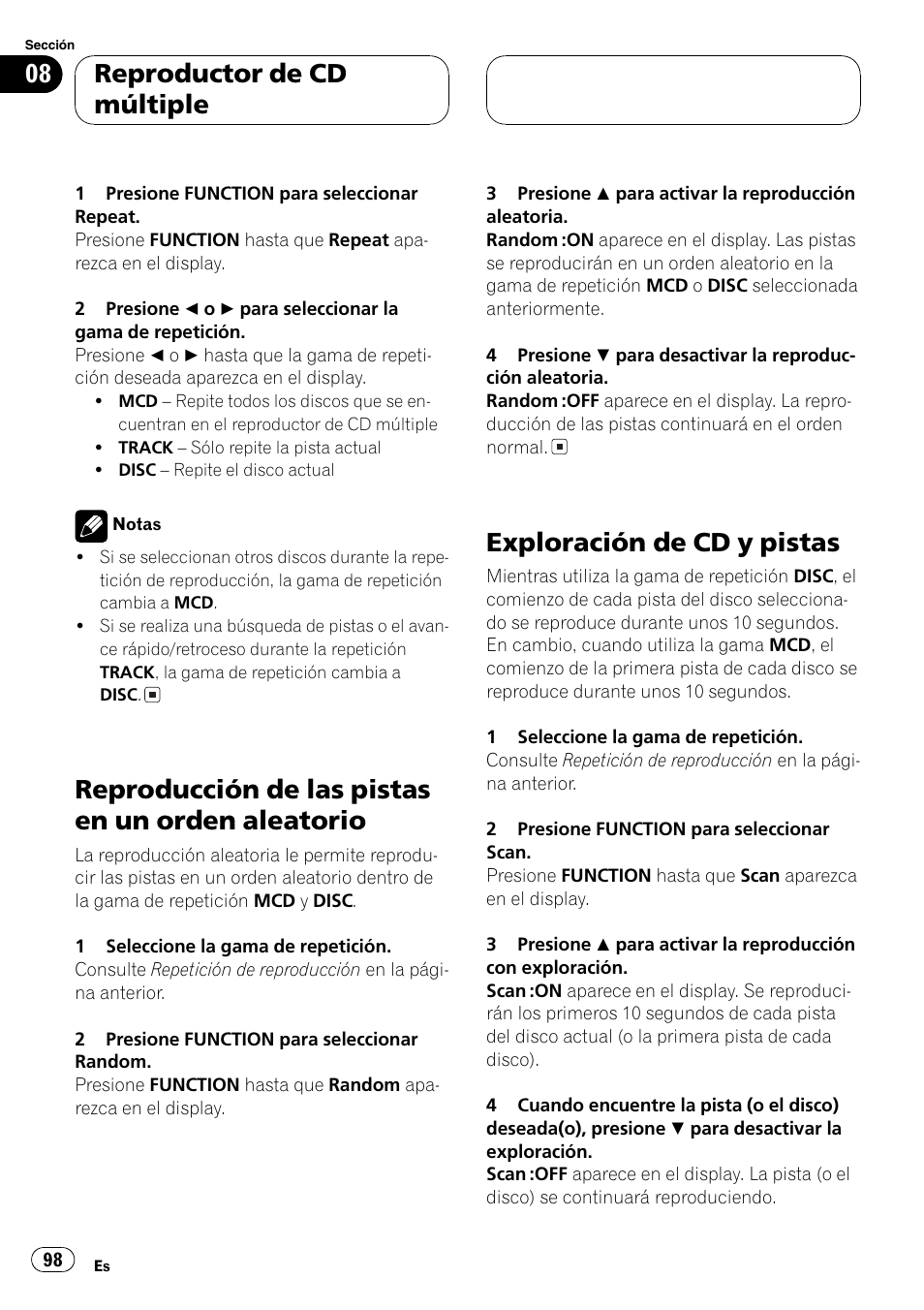 Reproducción de las pistas en un orden, Aleatorio 98, Exploración de cd y pistas 98 | Reproducción de las pistas en un orden aleatorio, Exploración de cd y pistas, Reproductor de cd múltiple | Pioneer DEH-P7600MP User Manual | Page 98 / 132