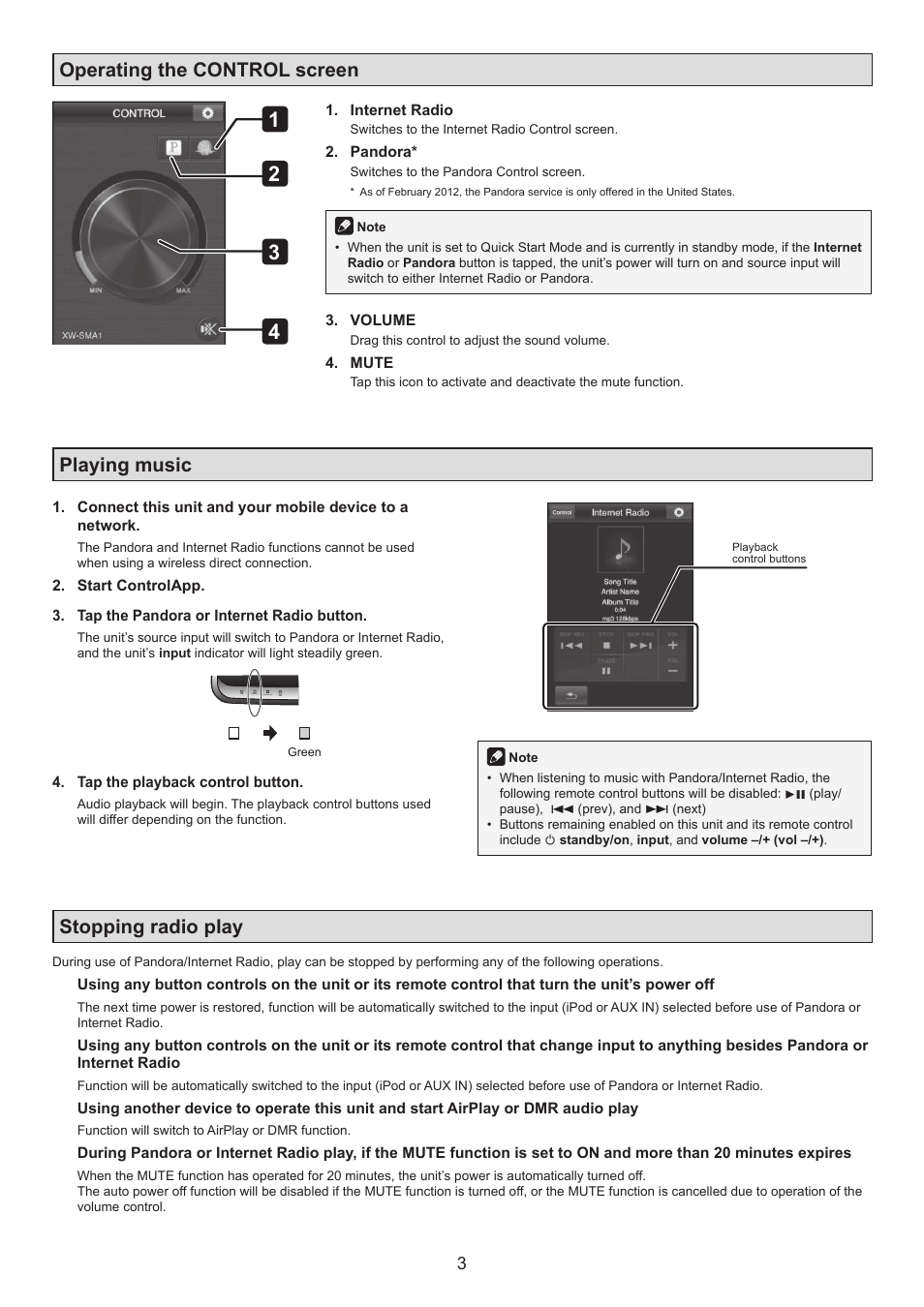 Operating the control screen, Playing music, Stopping radio play | Pioneer XW-SMA1-K User Manual | Page 3 / 5