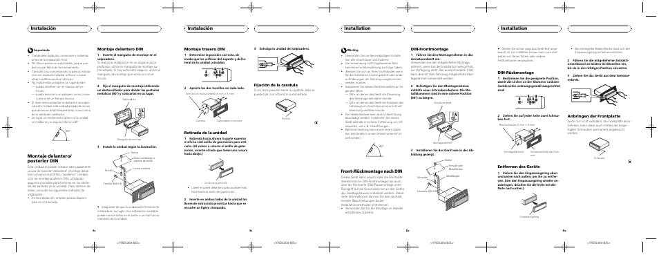 Montaje delantero/ posterior din, Instalación, Front-/rückmontage nach din | Installation, Montaje delantero din, Montaje trasero din, Retirada de la unidad, Fijación de la caratula, Din-frontmontage, Din-rückmontage | Pioneer DEH-2200UB User Manual | Page 3 / 8