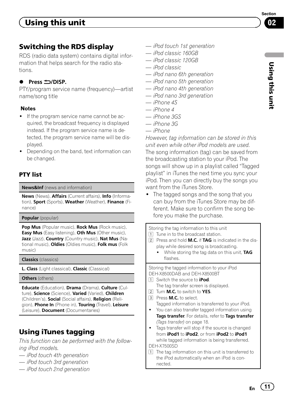 Pty list, Switching the rds display, Using itunes tagging | Using this unit | Pioneer DEH-X8500DAB User Manual | Page 11 / 44