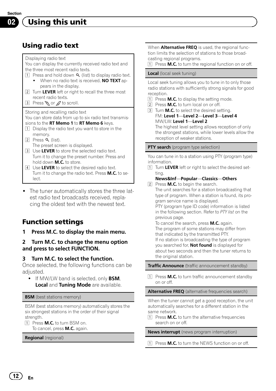02 using this unit, Using radio text, Function settings | Pioneer DEH-X8500DAB User Manual | Page 12 / 44
