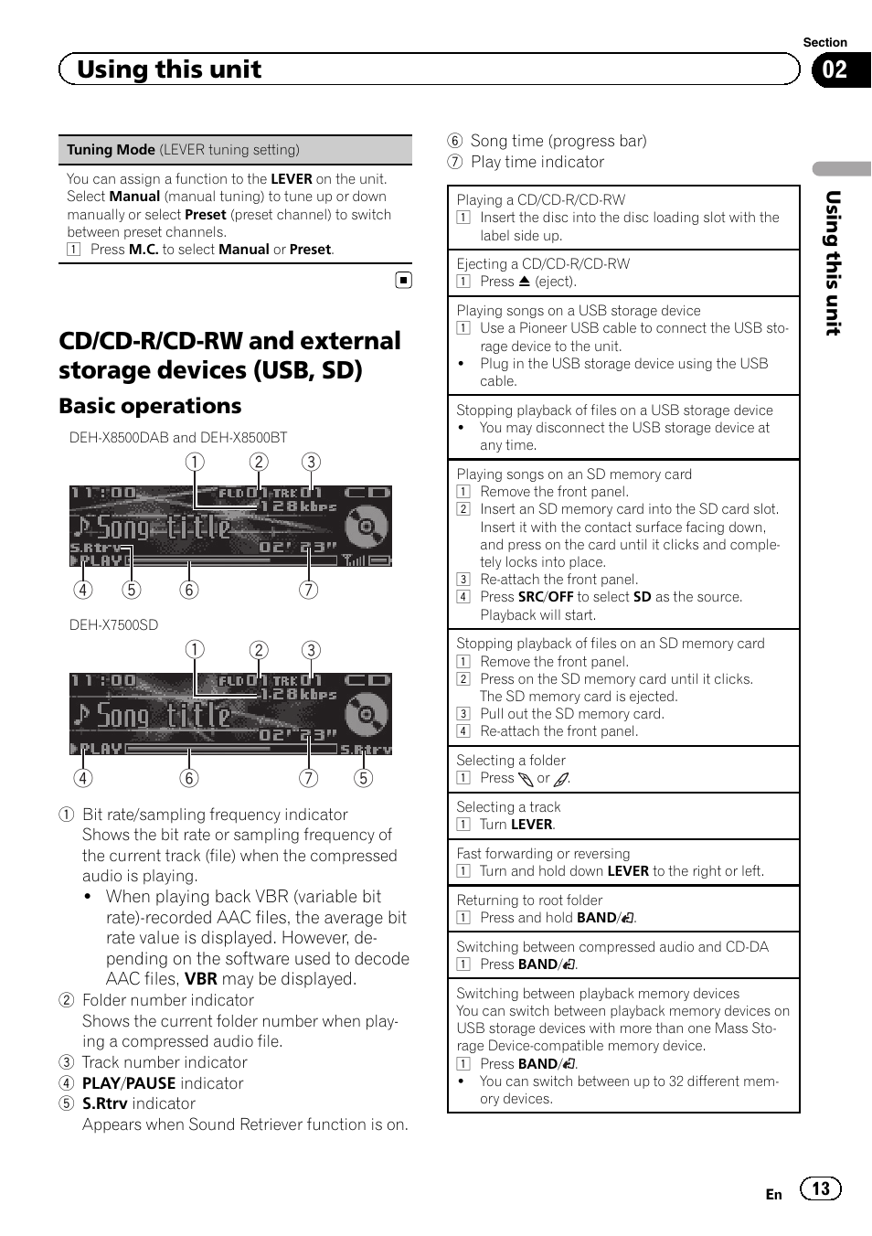 Cd/cd-r/cd-rw and external storage, Devices (usb, sd), Tuning mode (lever tuning set | Using this unit, Basic operations | Pioneer DEH-X8500DAB User Manual | Page 13 / 44