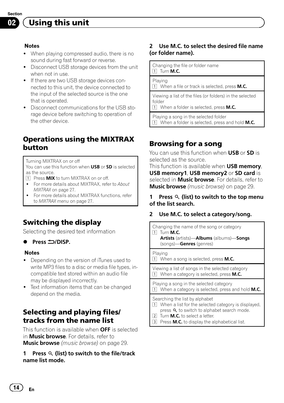 02 using this unit, Operations using the mixtrax button, Switching the display | Browsing for a song | Pioneer DEH-X8500DAB User Manual | Page 14 / 44