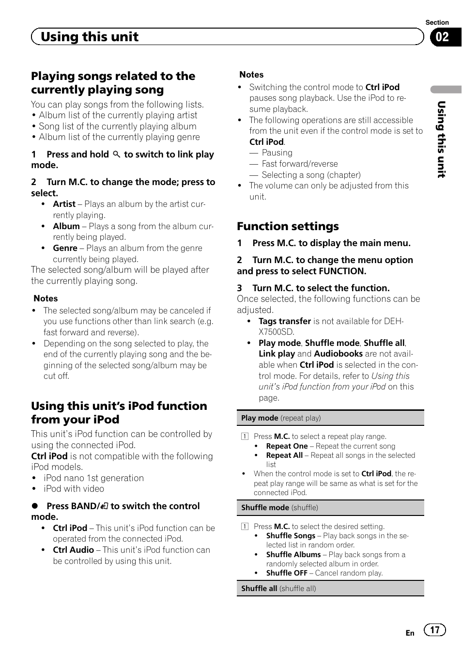 Using this unit, Using this unit ’ s ipod function from your ipod, Function settings | Pioneer DEH-X8500DAB User Manual | Page 17 / 44