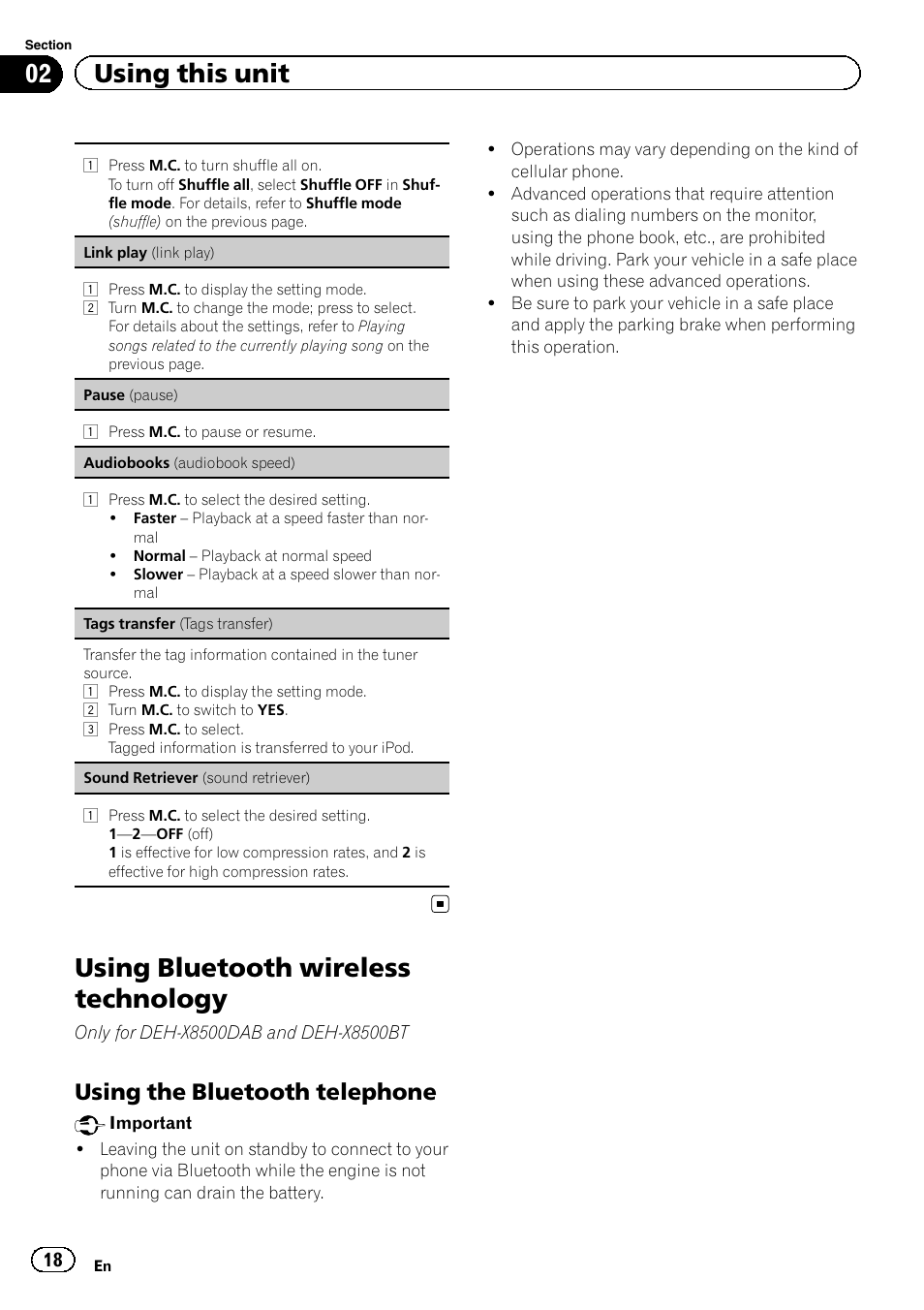 Using bluetooth wireless technology, 02 using this unit, Using the bluetooth telephone | Pioneer DEH-X8500DAB User Manual | Page 18 / 44
