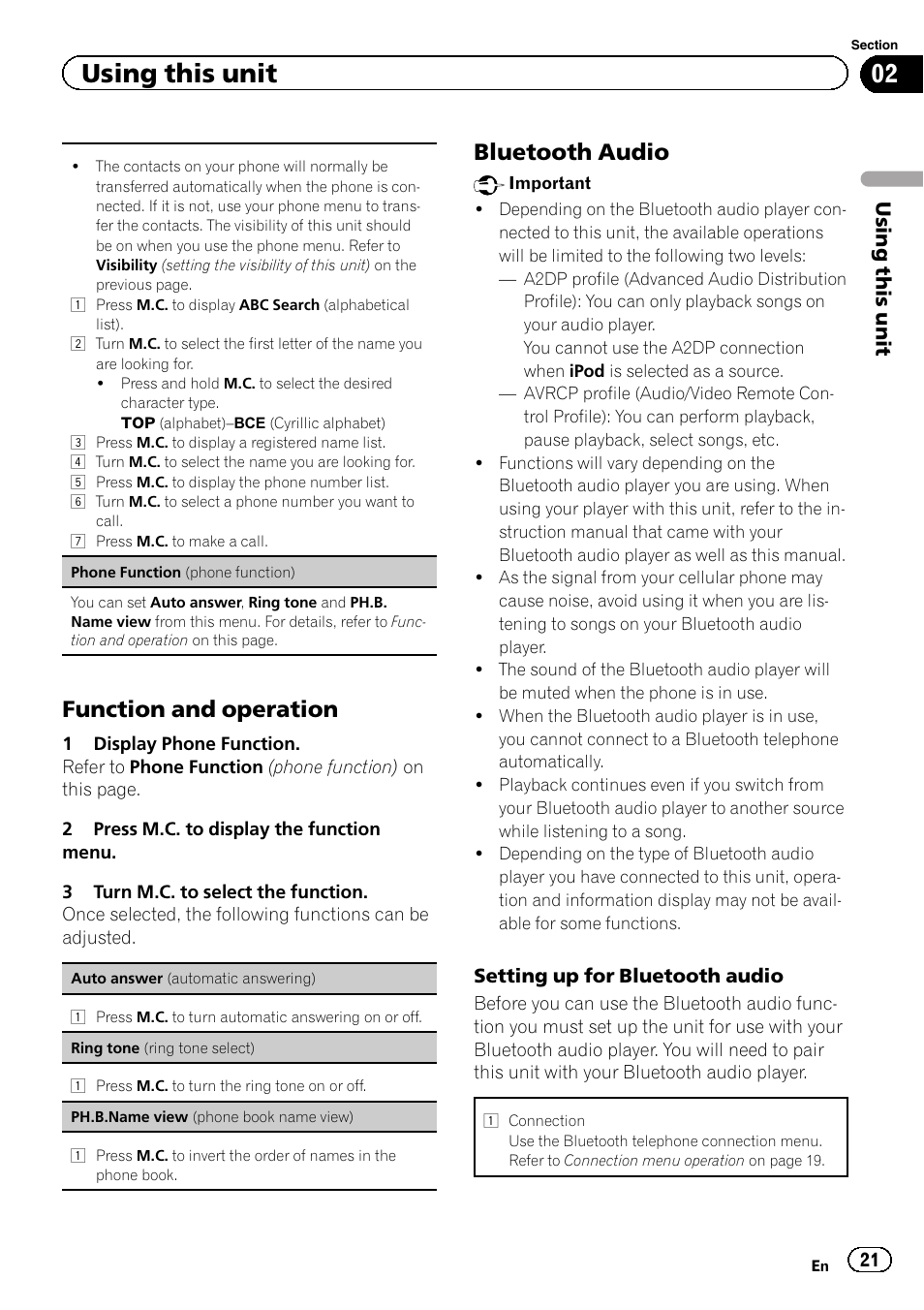 Function and operation, Bluetooth audio, Using this unit | Pioneer DEH-X8500DAB User Manual | Page 21 / 44
