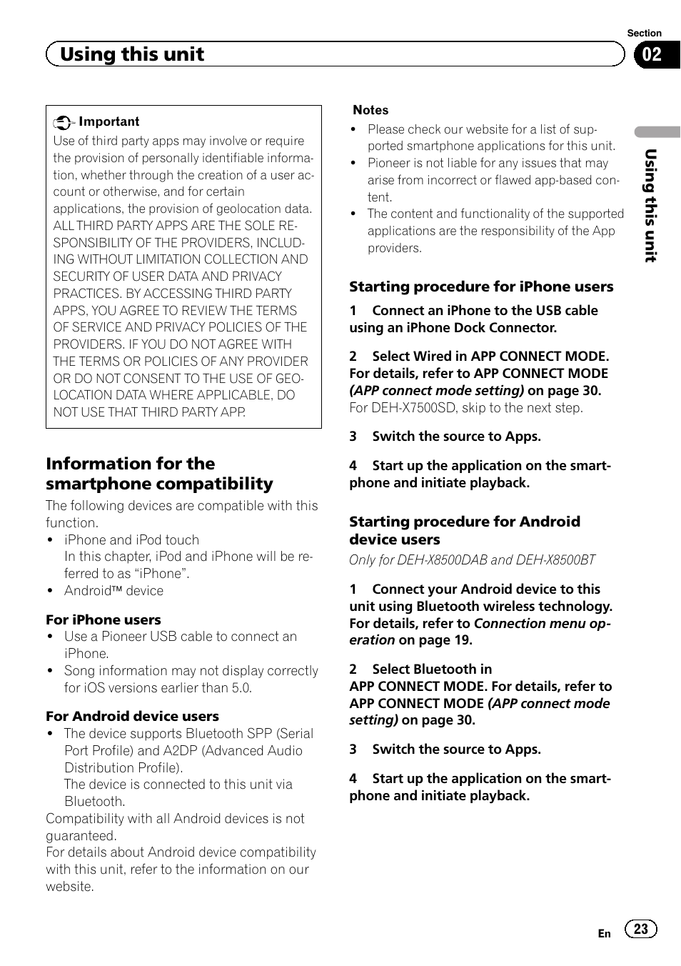 Using this unit, Information for the smartphone compatibility | Pioneer DEH-X8500DAB User Manual | Page 23 / 44