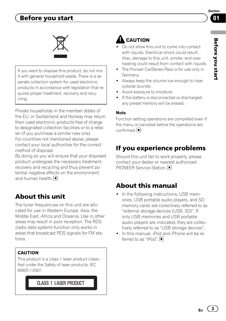 Before you start, About this unit, If you experience problems | About this manual | Pioneer DEH-X8500DAB User Manual | Page 3 / 44