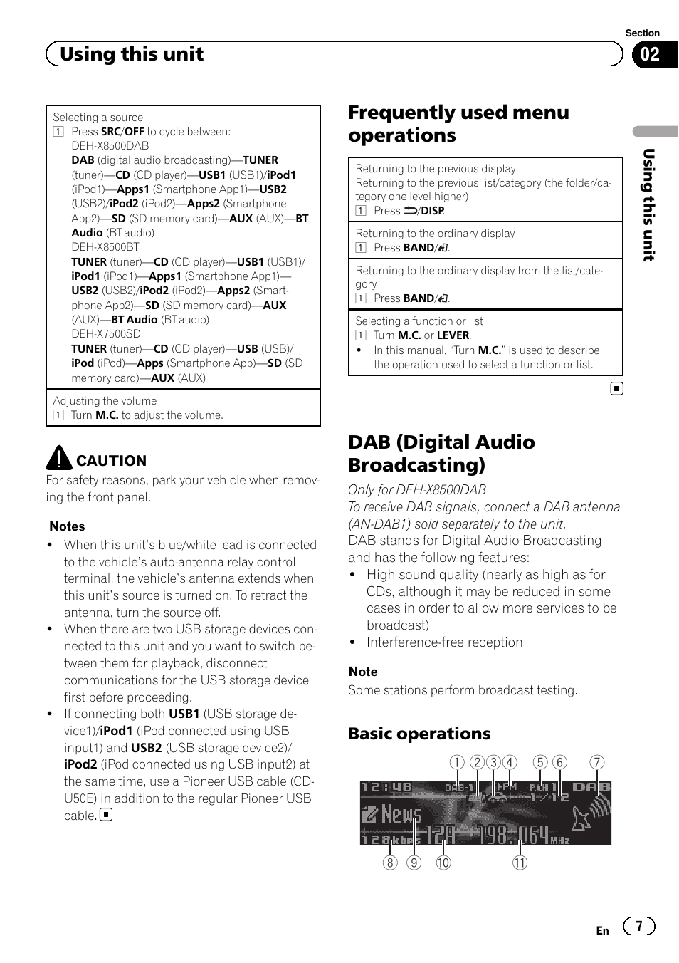 Frequently used menu operations, Dab (digital audio broadcasting), Using this unit | Basic operations | Pioneer DEH-X8500DAB User Manual | Page 7 / 44