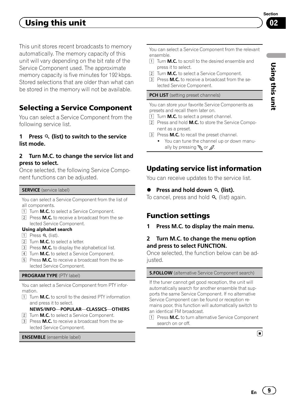 Selecting a service component, Updating service list information, Function settings | Using this unit | Pioneer DEH-X8500DAB User Manual | Page 9 / 44