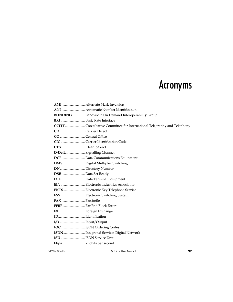 Acronyms | ADTRAN ISU 512 User Manual | Page 113 / 129